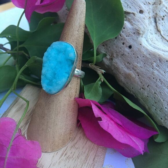 Hemimorohite blue druzy sterling silver ring - Picture 3 of 5